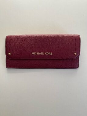 Michael Kors Wine Pebbled Leather Continental Wallet with Gold Hardware